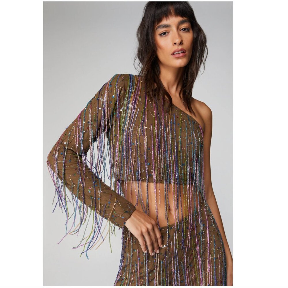 Nasty Gal Multicolor Fringe One-Shoulder Crop Top